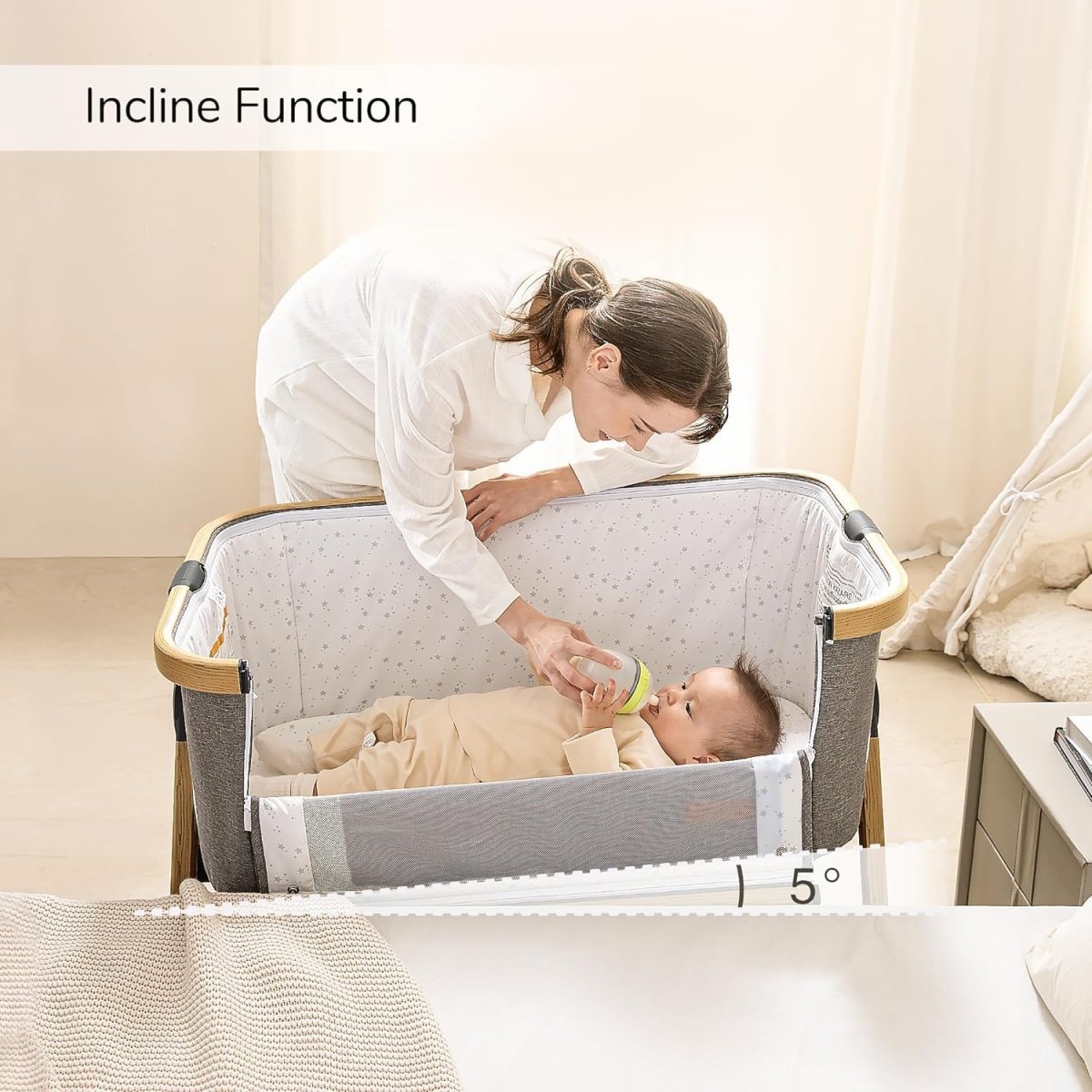 Maydolly 3 - in - 1 Baby Bassinet Bedside Crib, 6 - Height Adjustable Bedside Sleeper with Airflow Mesh, Storage Basket & Lockable Castors, Upgraded Trapezoidal Cradle for Newborns - LittleTreasures