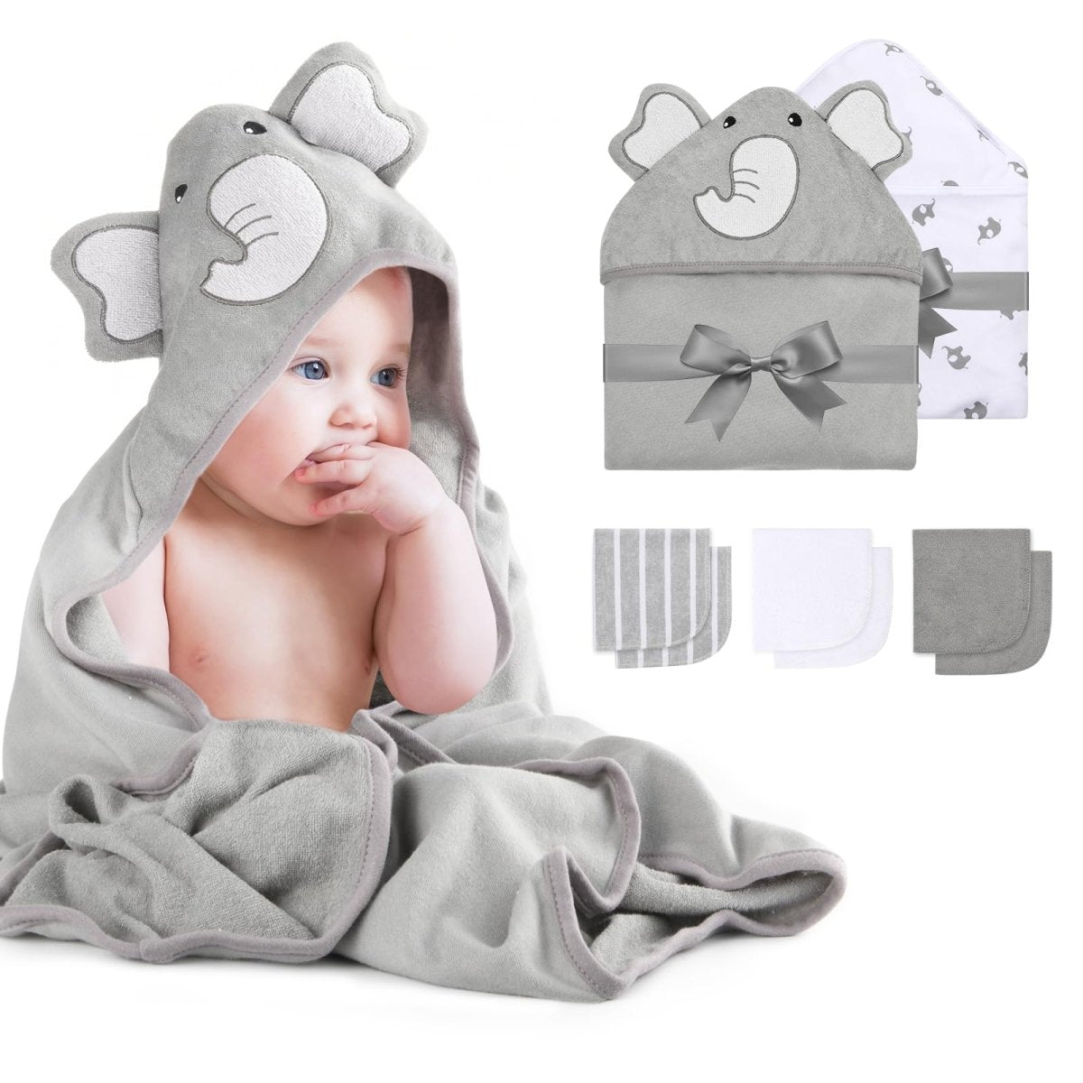 Momcozy Baby Hooded Towel, 8 - Piece Bath for Boys or Girls, Washcloth Set with Cute Design, Shower Towel Gift for Newborns, Infants and Toddlers - LittleTreasures