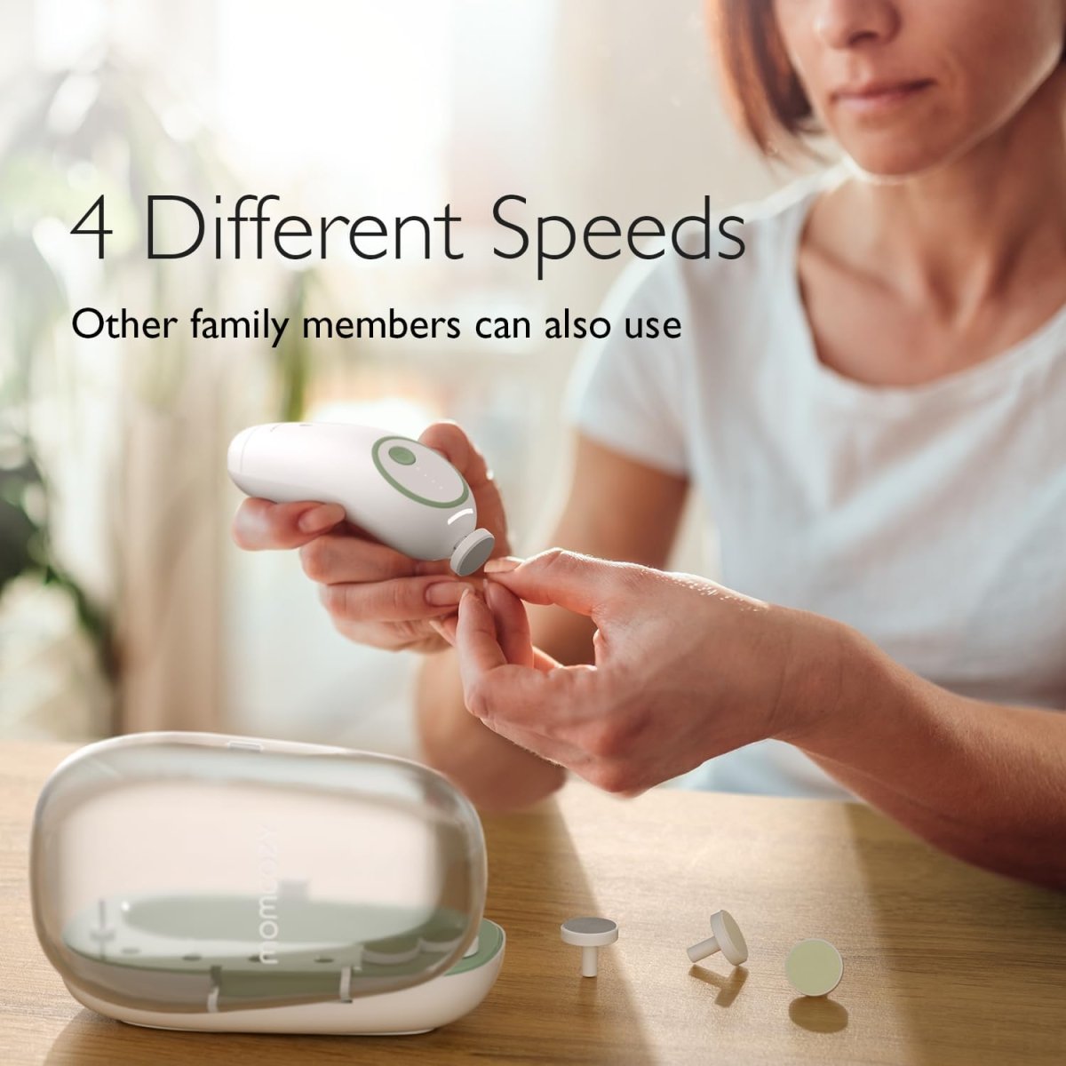 Momcozy Baby Nail File Electric, Gentle Baby Nail Trimmer Electric, Baby Nail Clipper with Night Light, 7 Grinding Head Replacement Pads, Green - LittleTreasures