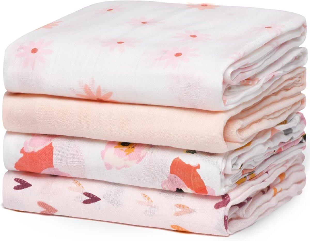 Momcozy Muslin Swaddle Blankets, 47x47 Inches, Breathable Bamboo Muslin Blankets for Baby Boy & Girl, Soft Skin - Friendly, Unisex 4 Pack, Florals Full Bloom - LittleTreasures