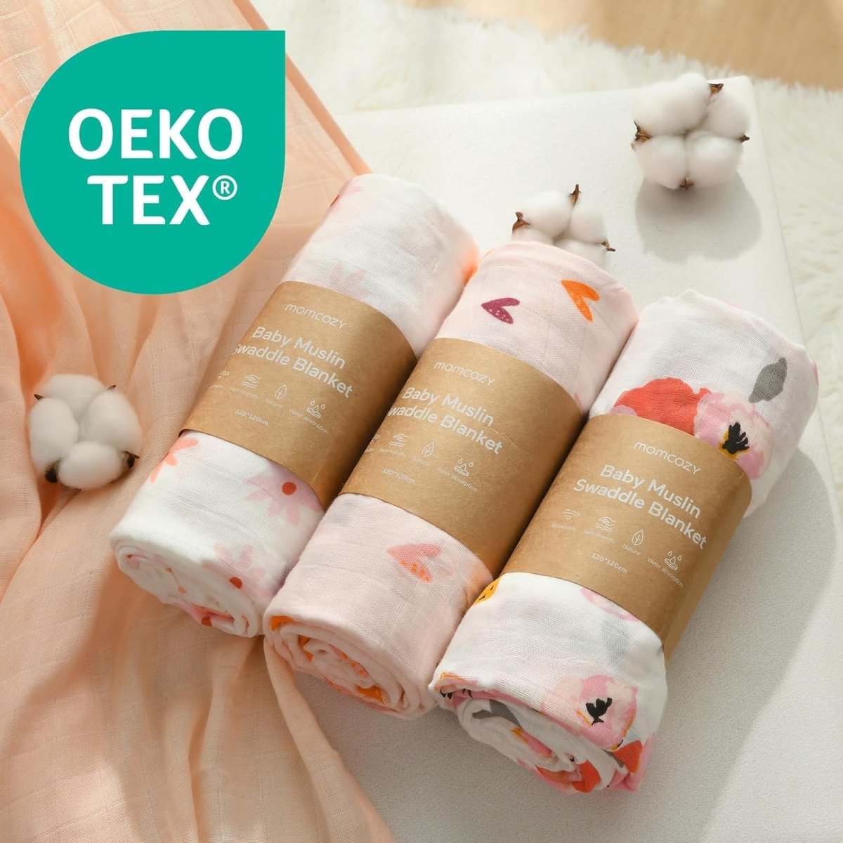 Momcozy Muslin Swaddle Blankets, 47x47 Inches, Breathable Bamboo Muslin Blankets for Baby Boy & Girl, Soft Skin - Friendly, Unisex 4 Pack, Florals Full Bloom - LittleTreasures