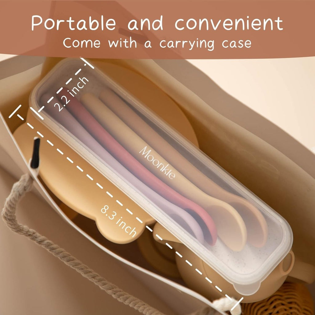 Moonkie Silicone Baby Spoons Set of 4, Two Sizes Feeding Spoon for First Stage 4+ Months, Baby Utensils with Case, Toddler Led Weaning Spoons, Bendable, Chewproof & Boil - Proof - LittleTreasures