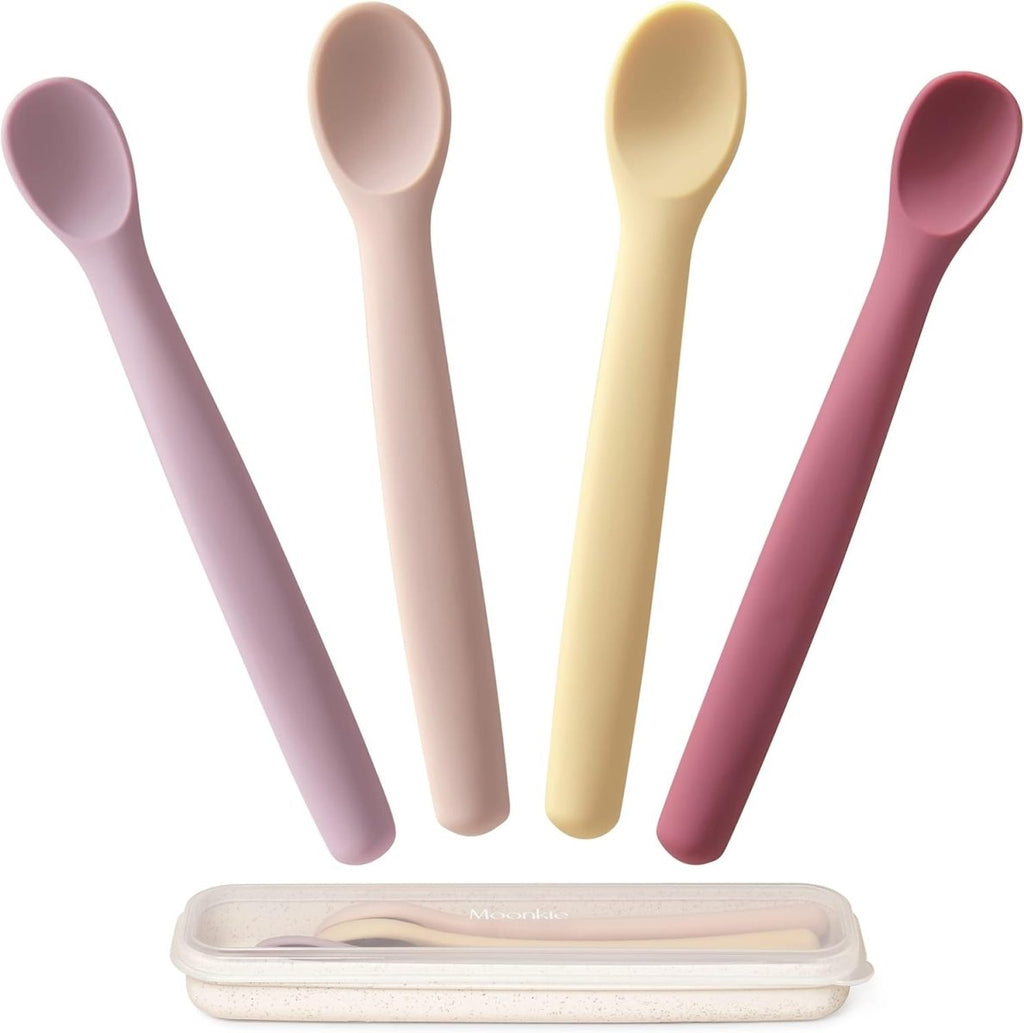 Moonkie Silicone Baby Spoons Set of 4, Two Sizes Feeding Spoon for First Stage 4+ Months, Baby Utensils with Case, Toddler Led Weaning Spoons, Bendable, Chewproof & Boil - Proof - LittleTreasures