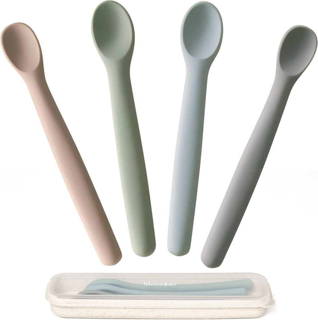 Moonkie Silicone Baby Spoons Set of 4, Two Sizes Feeding Spoon for First Stage 4+ Months, Baby Utensils with Case, Toddler Led Weaning Spoons, Bendable, Chewproof & Boil - Proof - LittleTreasures