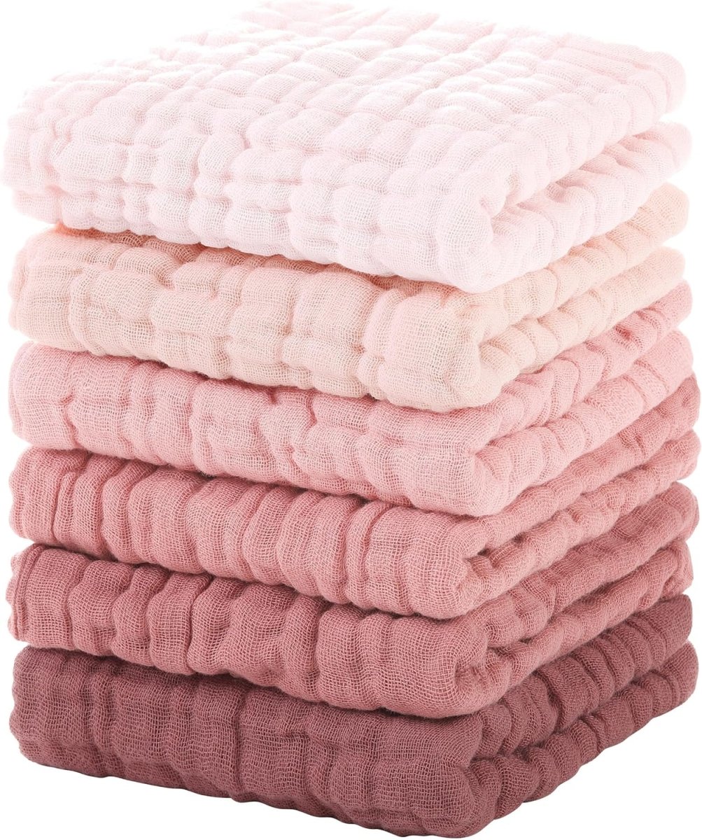 Muslin Burp Cloths Baby 12''X12'',Baby Washcloths 6 Pack, 100% Cotton Baby Wash Cloths Absorbent And Soft For Newborn Infants Kids Boys Girls Pink - LittleTreasures