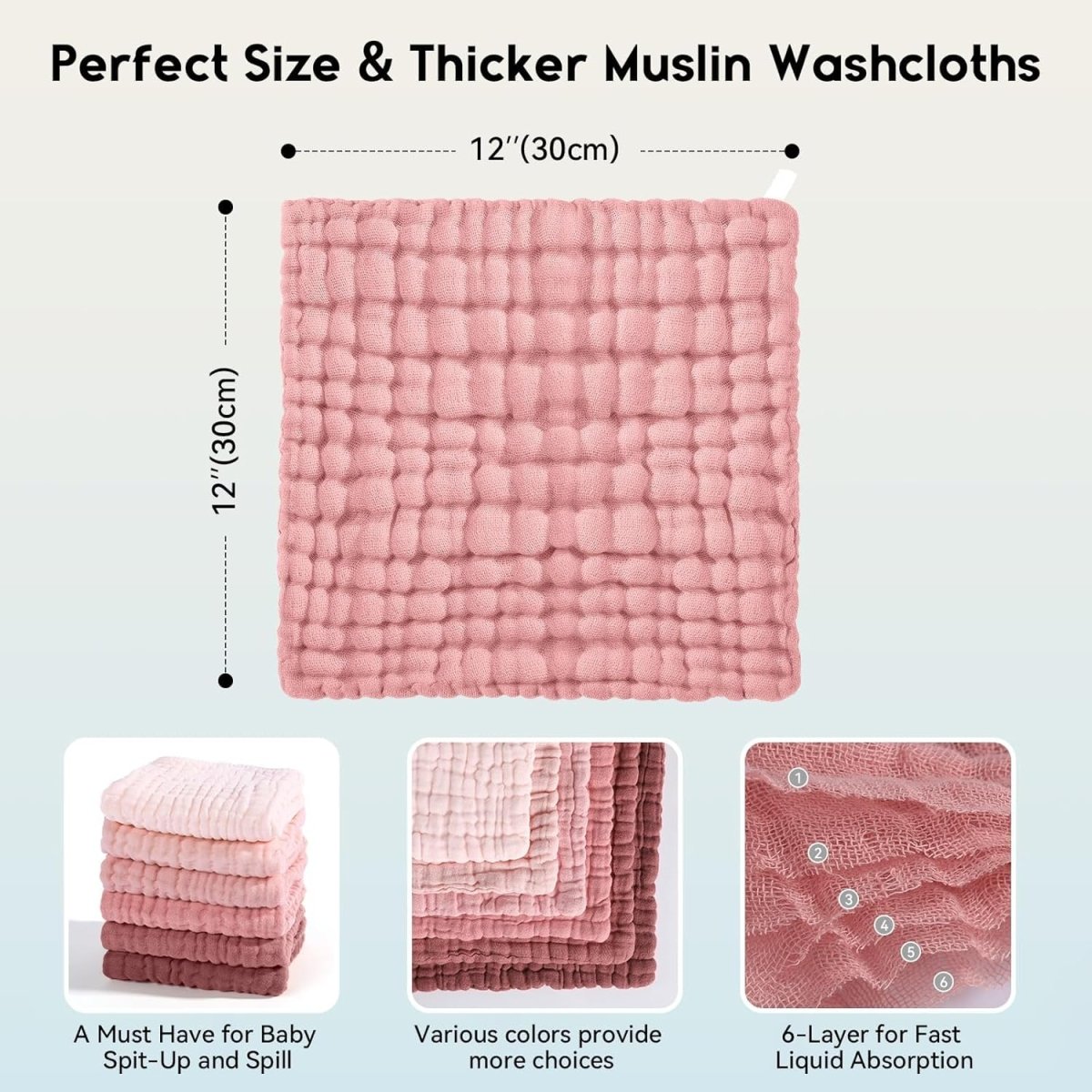 Muslin Burp Cloths Baby 12''X12'',Baby Washcloths 6 Pack, 100% Cotton Baby Wash Cloths Absorbent And Soft For Newborn Infants Kids Boys Girls Pink - LittleTreasures