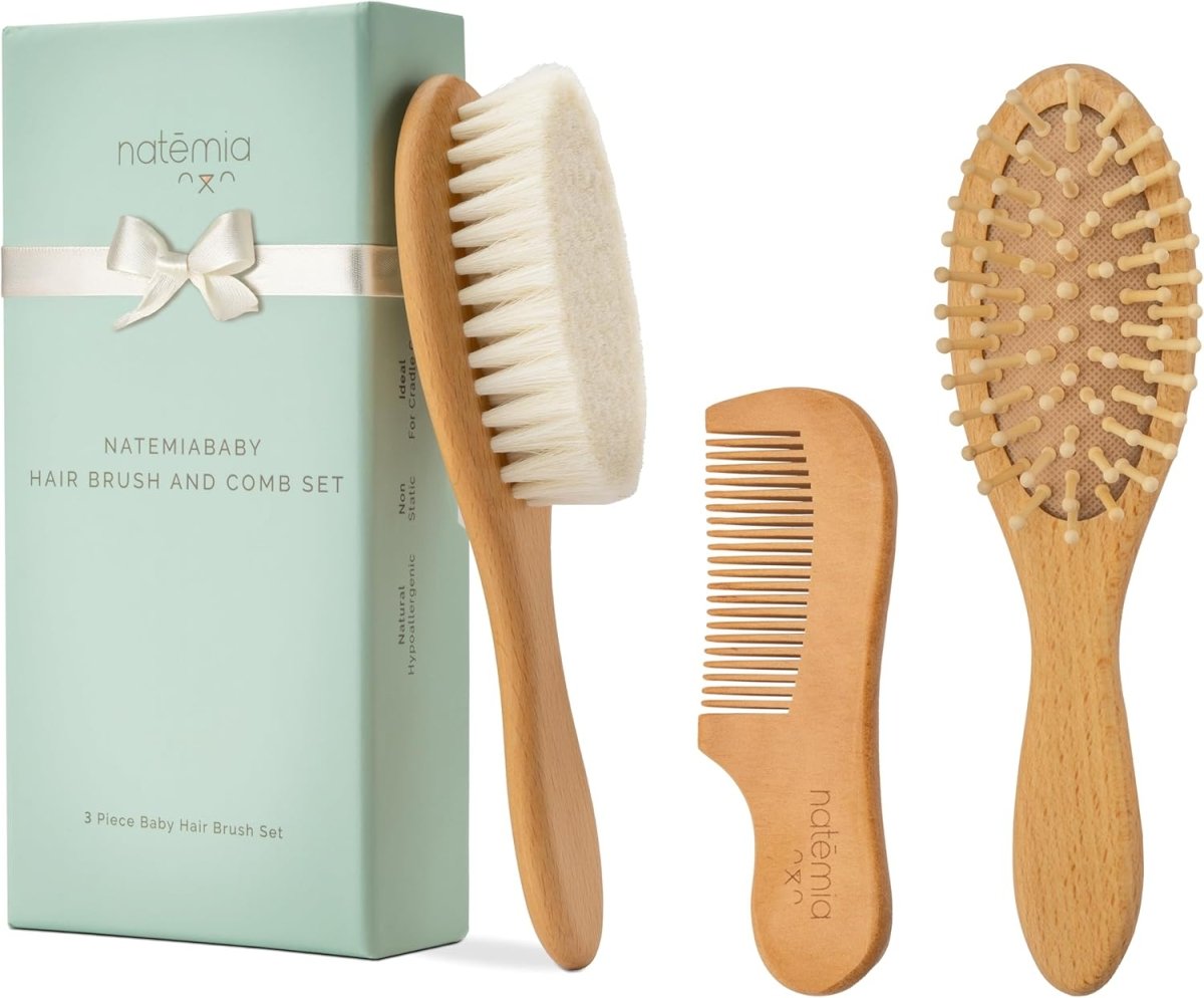 Natemia Baby Hair Brush and Comb Set - Baby Brush Set with Natural Soft Goat Bristles, Baby Brush and Comb Set Newborn, Baby Grooming Kit, Toddler Hair Brush, Baby Registry Gift, Cradle Cap Brush - LittleTreasures
