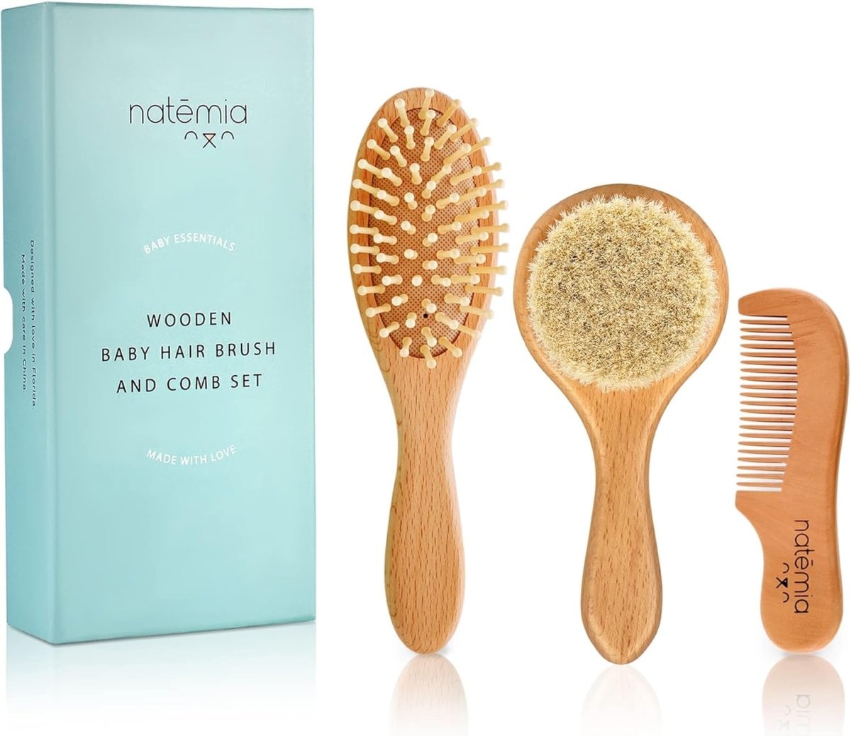 Natemia Baby Hair Brush and Comb Set - Baby Brush Set with Natural Soft Goat Bristles, Baby Brush and Comb Set Newborn, Baby Grooming Kit, Toddler Hair Brush, Baby Registry Gift, Cradle Cap Brush - LittleTreasures