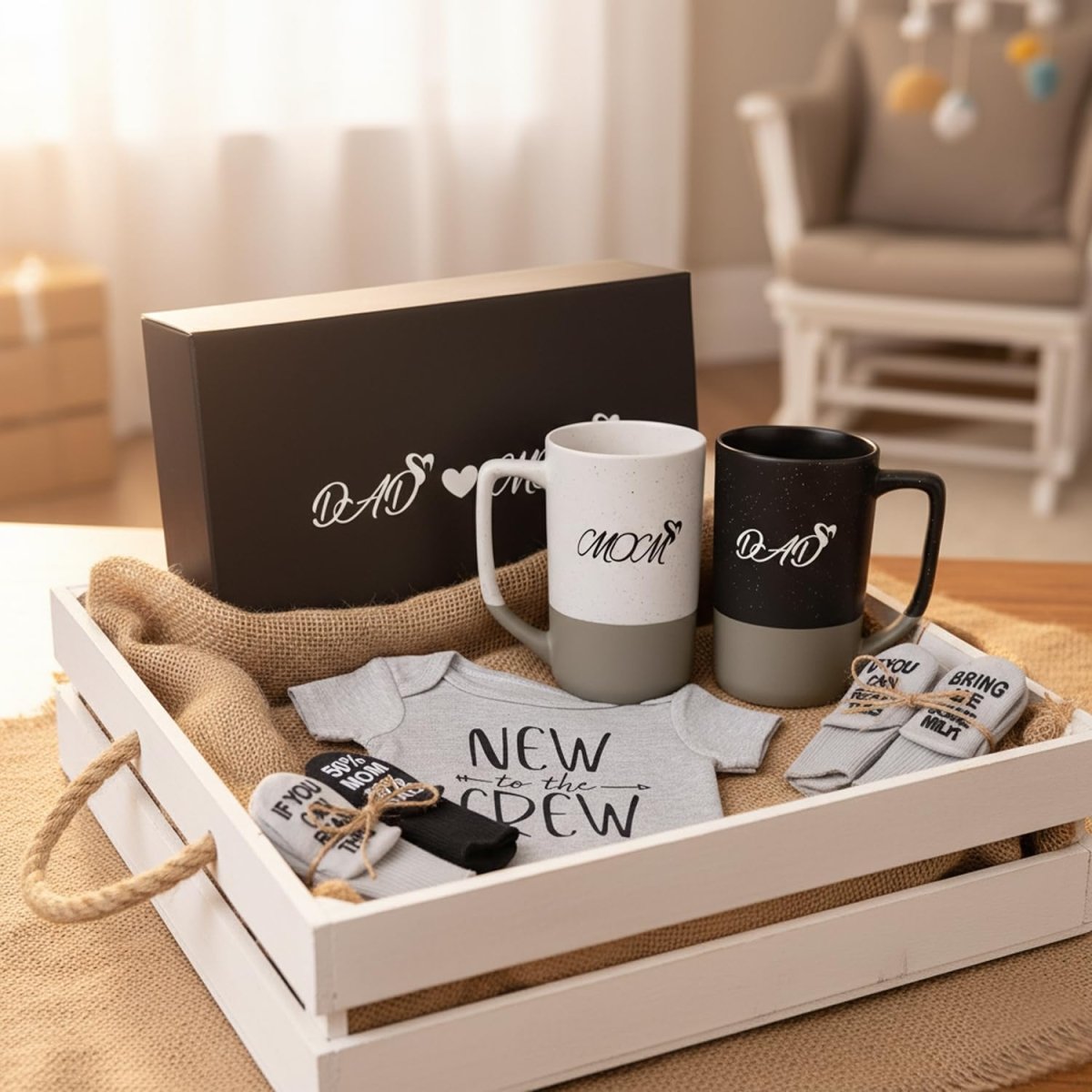 New Parents Gift Set - Mom and Dad 14 oz Mug Set with Romper and Baby Socks - Top New Parents Gifts for Mom and Dad to Be - LittleTreasures