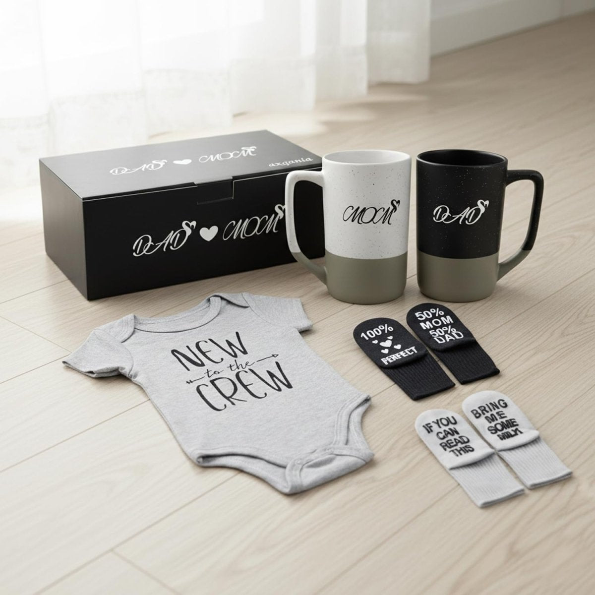 New Parents Gift Set - Mom and Dad 14 oz Mug Set with Romper and Baby Socks - Top New Parents Gifts for Mom and Dad to Be - LittleTreasures