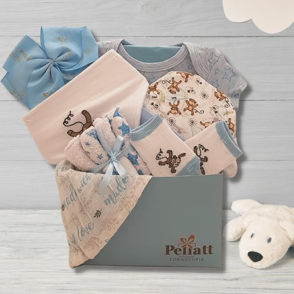 Newborn Baby Boy - Small, Blue Gift Basket with Cotton Onesie, Swaddling Blanket, Socks, 4 Washcloths, Non - Scratch Mittens, Hat - Expecting Moms, Parent, Infants - by Pellatt Cornucopia - LittleTreasures