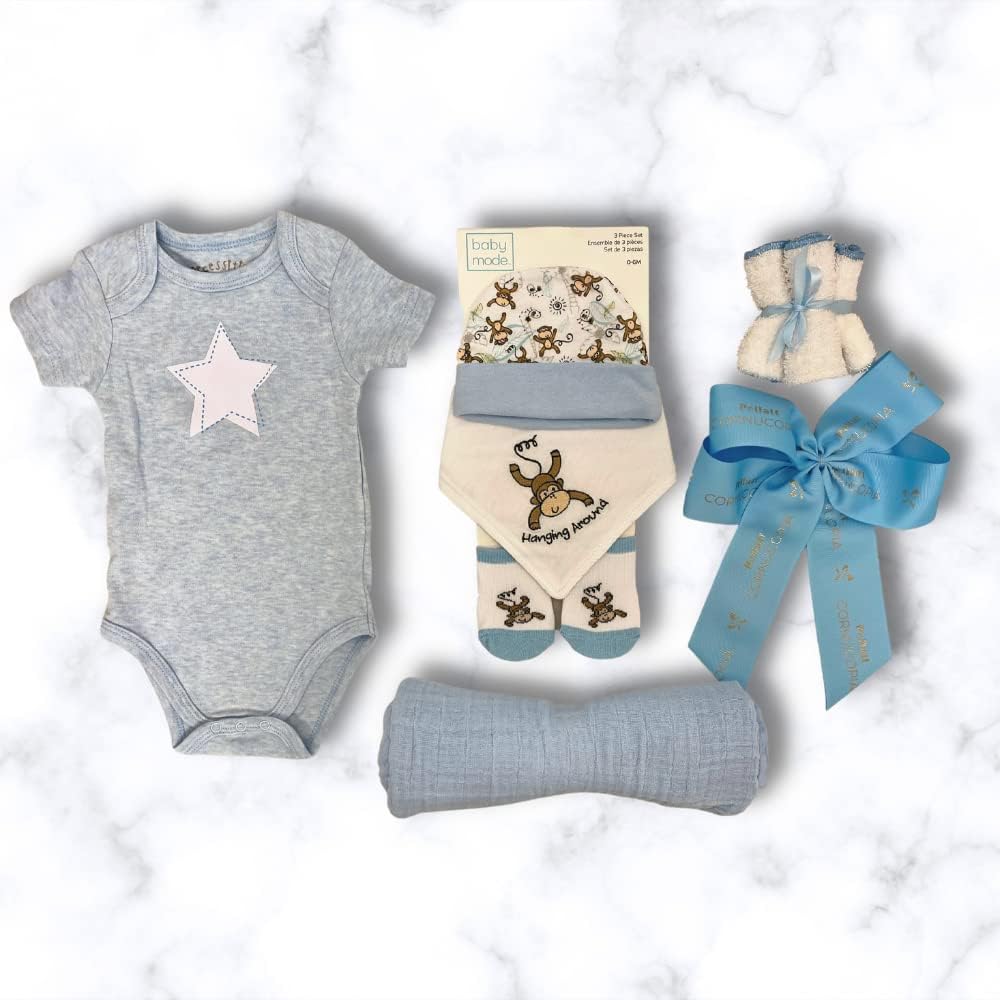 Newborn Baby Boy - Small, Blue Gift Basket with Cotton Onesie, Swaddling Blanket, Socks, 4 Washcloths, Non - Scratch Mittens, Hat - Expecting Moms, Parent, Infants - by Pellatt Cornucopia - LittleTreasures