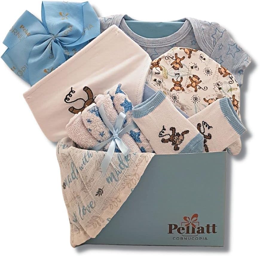 Newborn Baby Boy - Small, Blue Gift Basket with Cotton Onesie, Swaddling Blanket, Socks, 4 Washcloths, Non - Scratch Mittens, Hat - Expecting Moms, Parent, Infants - by Pellatt Cornucopia - LittleTreasures