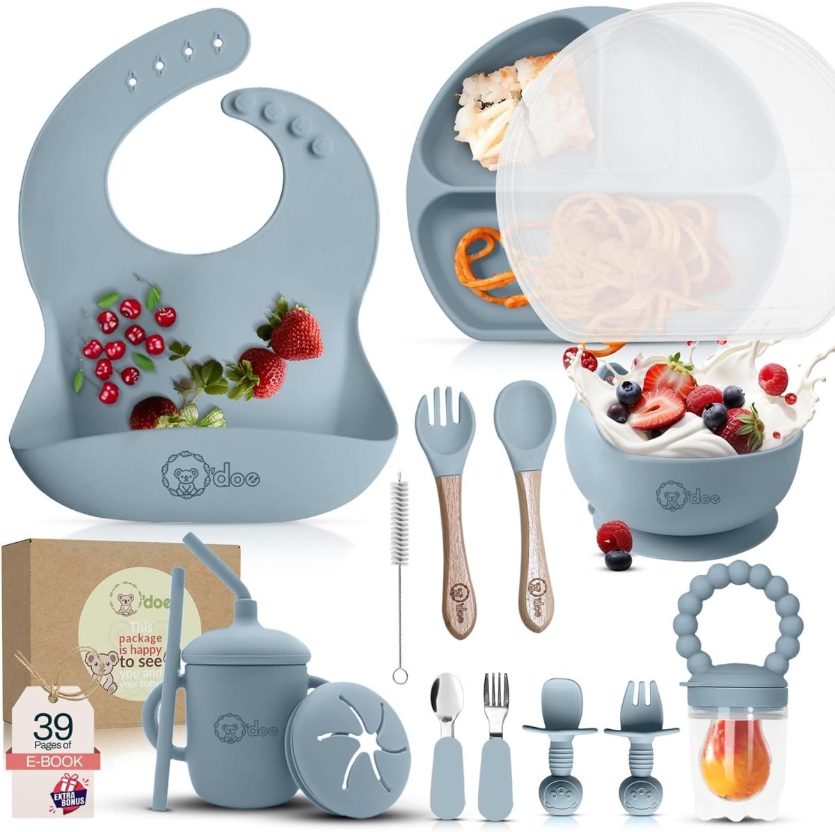 o'doe 17 - Piece Baby Feeding Set - Silicone & Wood Essentials - LittleTreasures