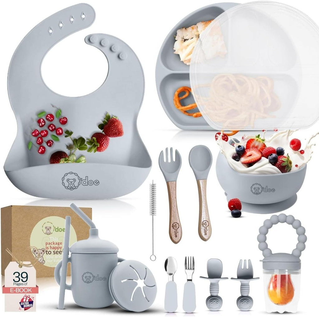 o'doe 17 - Piece Baby Feeding Set - Silicone & Wood Essentials - LittleTreasures