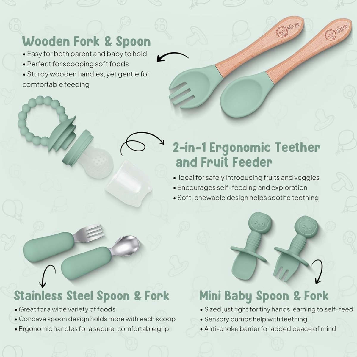 o'doe 17 - Piece Baby Feeding Set - Silicone & Wood Essentials - LittleTreasures