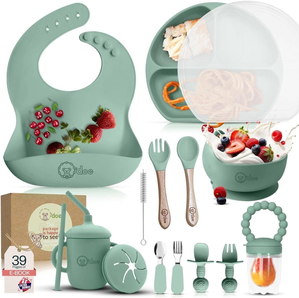 o'doe 17 - Piece Baby Feeding Set - Silicone & Wood Essentials - LittleTreasures