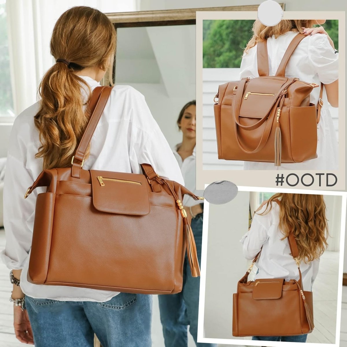 Omanmoli Diaper Bag Tote Leather Diaper Bag Backpack Large Tote Diaper Bag for Baby Girls & Boys 14 Diaper Bag Organizing Pouches,Changing Pad,Crossbody Straps,4 Insulated Pockets,Brown - LittleTreasures