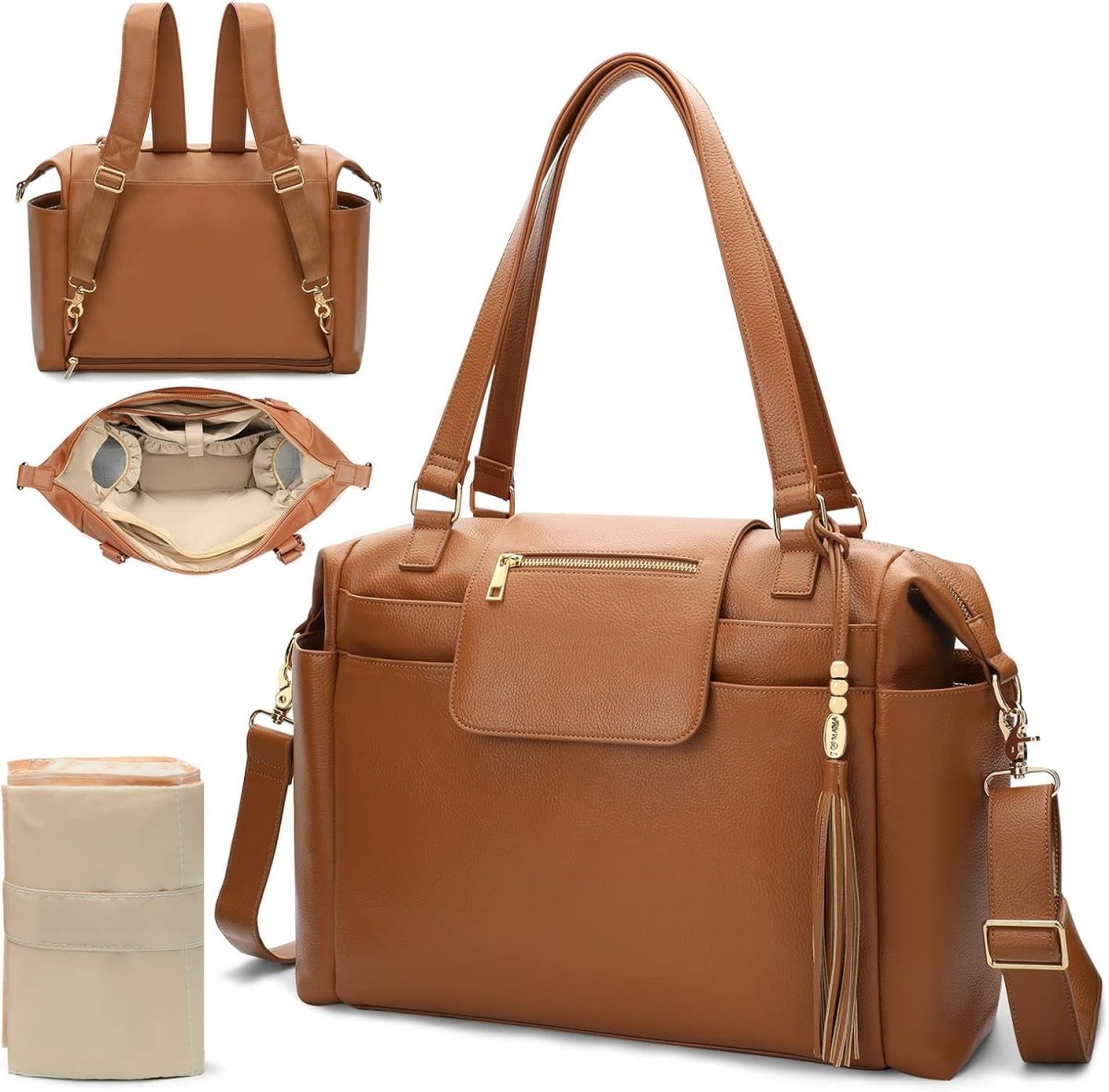 Omanmoli Diaper Bag Tote Leather Diaper Bag Backpack Large Tote Diaper Bag for Baby Girls & Boys 14 Diaper Bag Organizing Pouches,Changing Pad,Crossbody Straps,4 Insulated Pockets,Brown - LittleTreasures