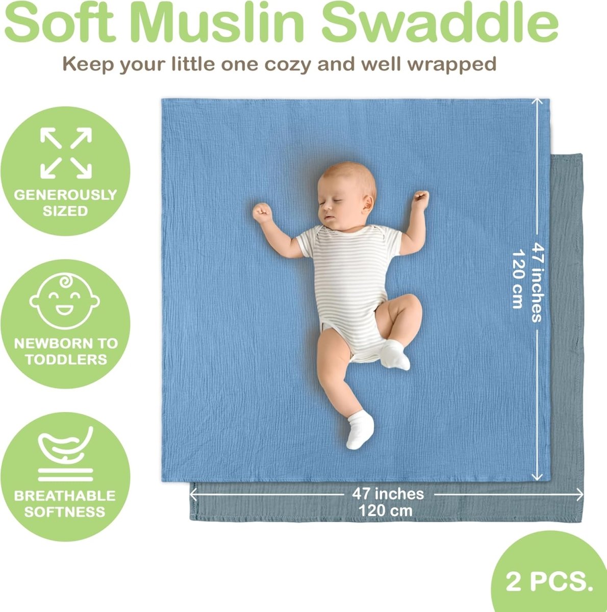 Organic Cotton Muslin Baby Blanket - 120x120 cm (47x47 inches) Breathable Swaddle, Hypoallergenic Double - Layer, Versatile Use (Light Pink/Light Purple) - LittleTreasures