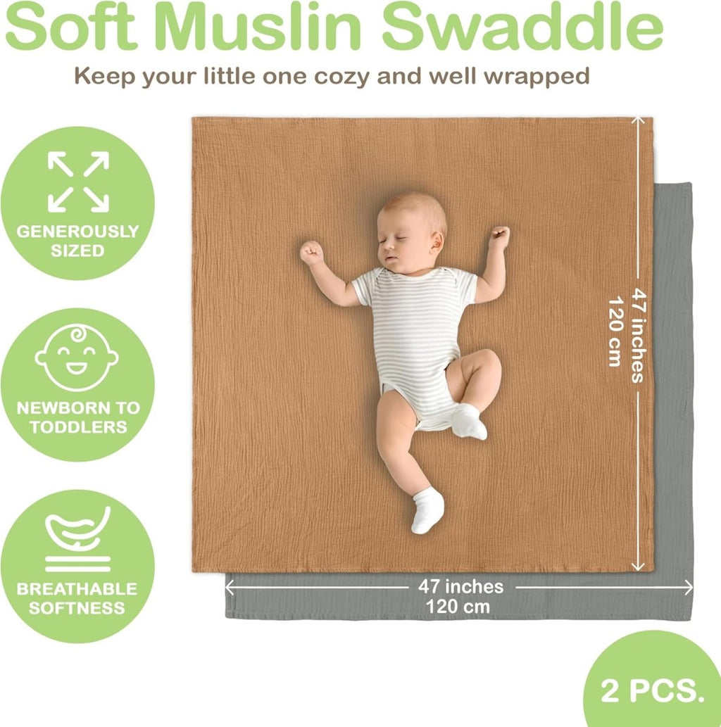 Organic Cotton Muslin Baby Blanket - 120x120 cm (47x47 inches) Breathable Swaddle, Hypoallergenic Double - Layer, Versatile Use (Light Pink/Light Purple) - LittleTreasures