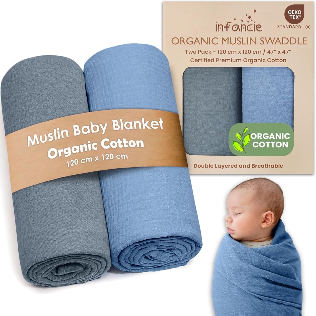 Organic Cotton Muslin Baby Blanket - 120x120 cm (47x47 inches) Breathable Swaddle, Hypoallergenic Double - Layer, Versatile Use (Light Pink/Light Purple) - LittleTreasures