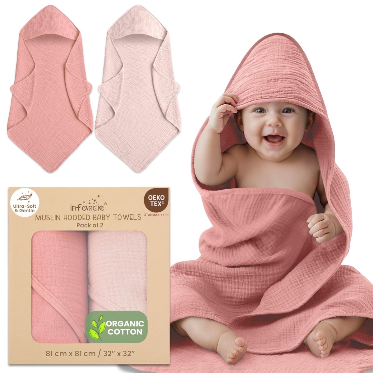 Organic Cotton Muslin Baby Hooded Towels - 81x81 cm, 2 Pack Newborn Bath Towels for Boys & Girls, Soft & Absorbent Bath Set (Pink/Floral) - LittleTreasures