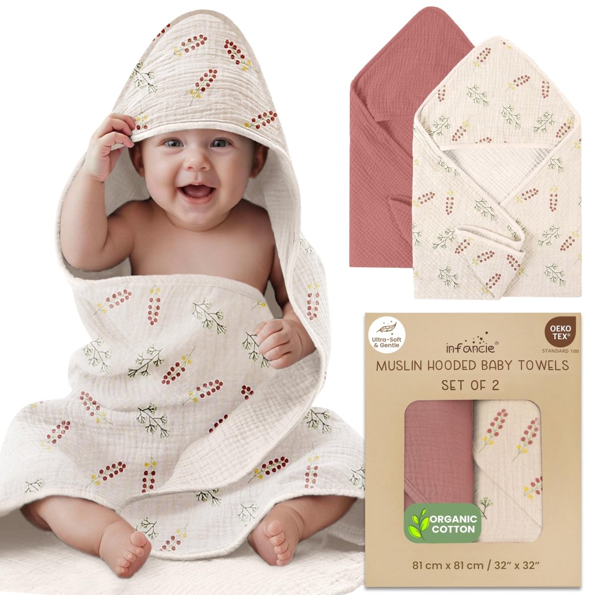 Organic Cotton Muslin Baby Hooded Towels - 81x81 cm, 2 Pack Newborn Bath Towels for Boys & Girls, Soft & Absorbent Bath Set (Pink/Floral) - LittleTreasures