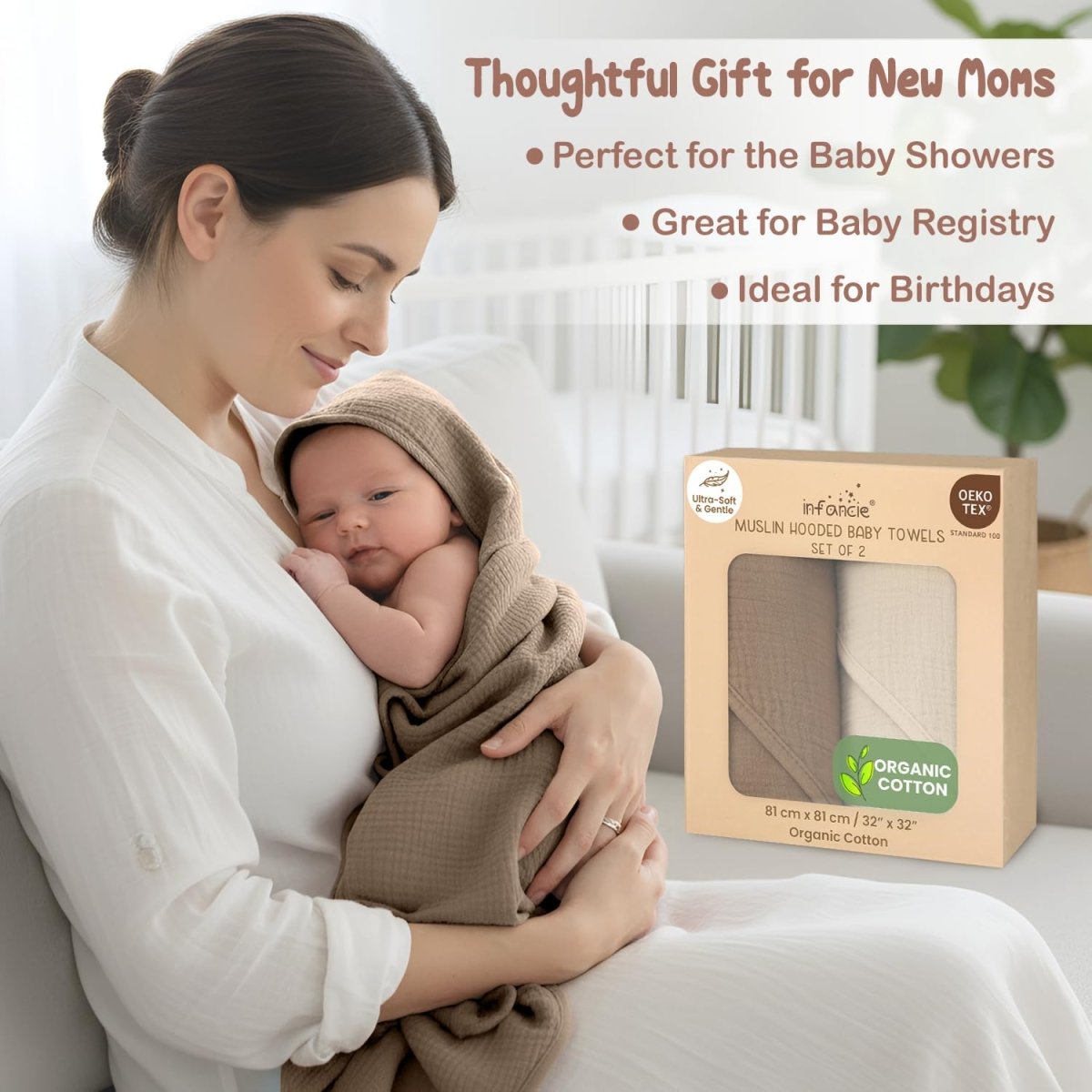 Organic Cotton Muslin Baby Hooded Towels - 81x81 cm, 2 Pack Newborn Bath Towels for Boys & Girls, Soft & Absorbent Bath Set (Pink/Floral) - LittleTreasures