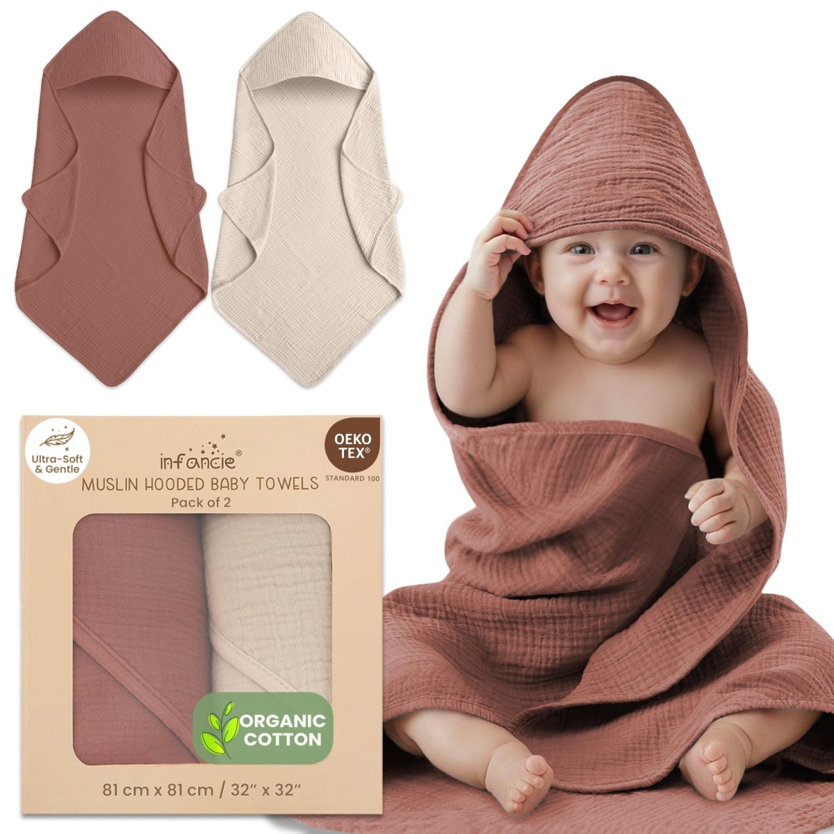 Organic Cotton Muslin Baby Hooded Towels - 81x81 cm, 2 Pack Newborn Bath Towels for Boys & Girls, Soft & Absorbent Bath Set (Pink/Floral) - LittleTreasures