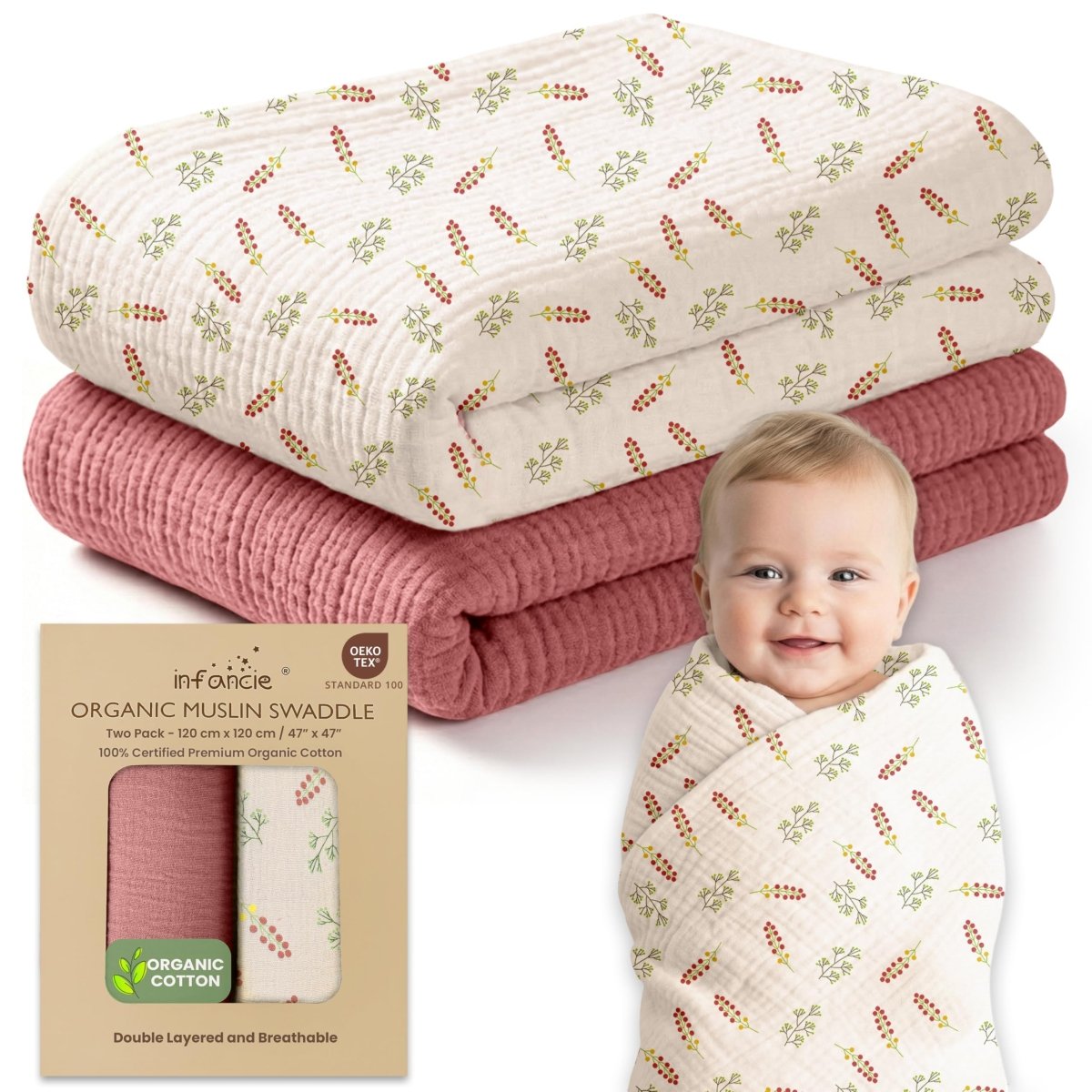 Organic Cotton Muslin Baby Swaddle Blanket - Hypoallergenic - LittleTreasures