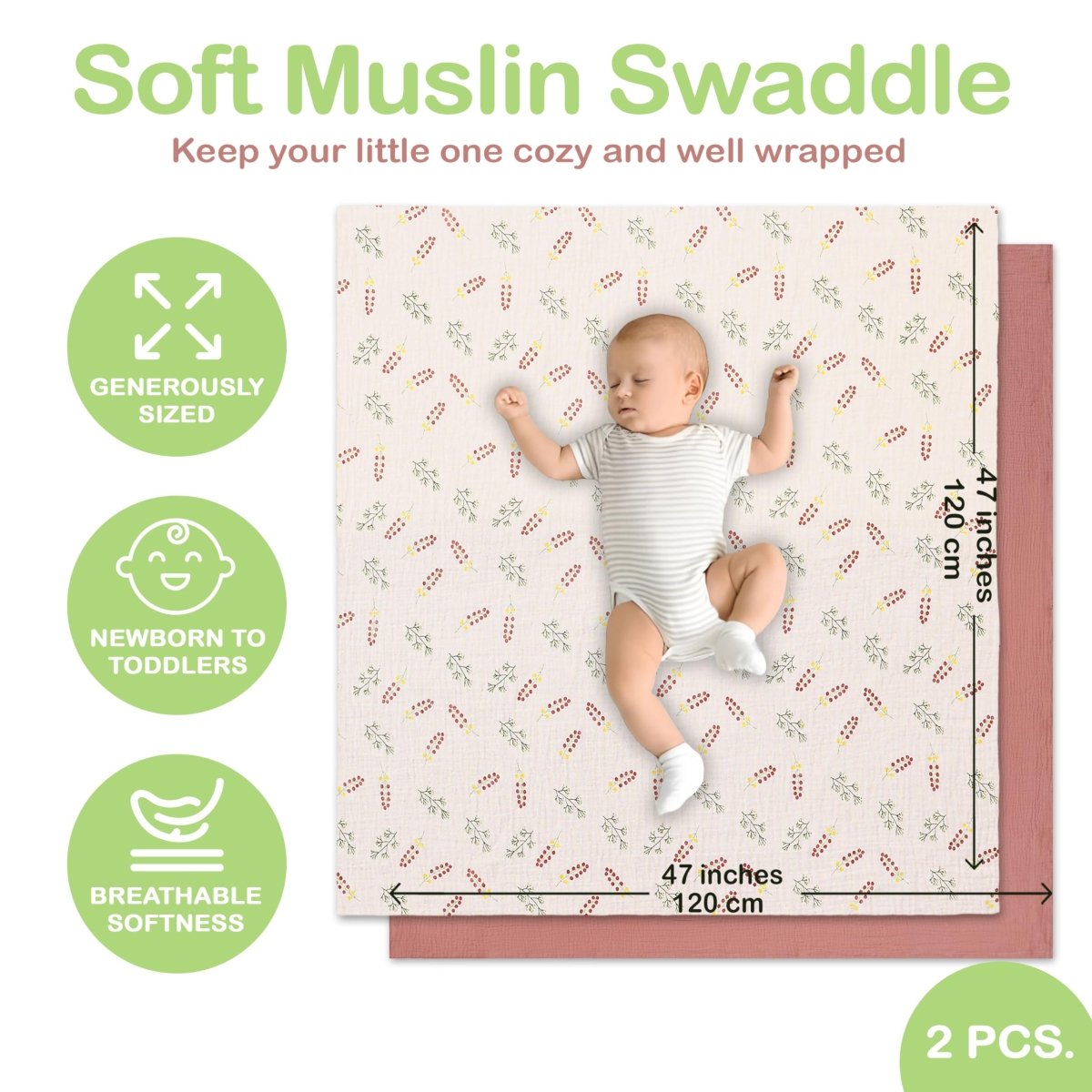 Organic Cotton Muslin Baby Swaddle Blanket - Hypoallergenic - LittleTreasures