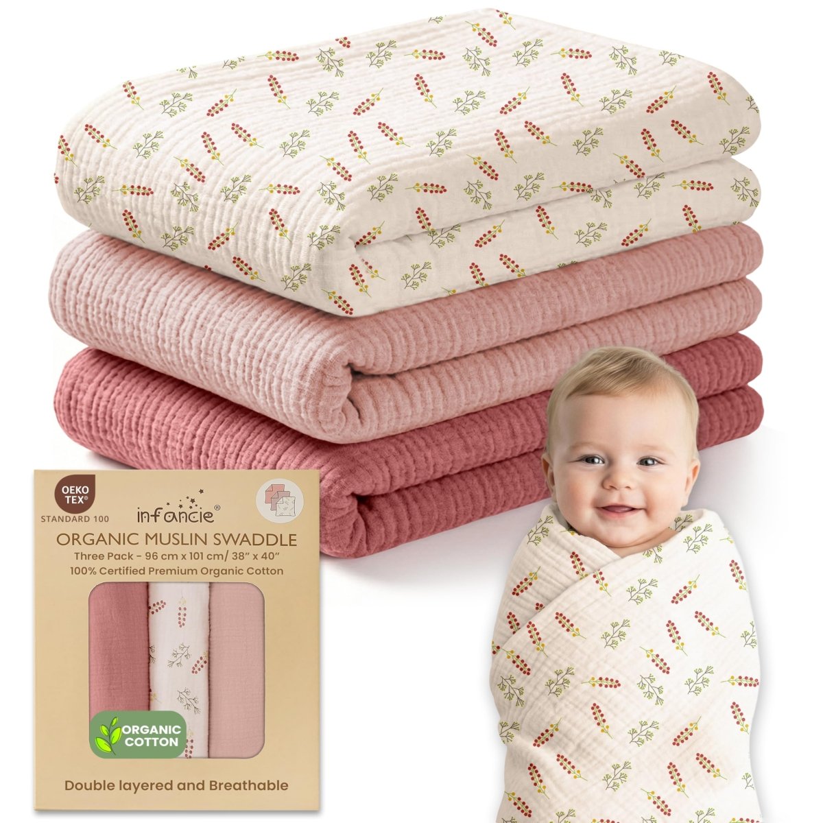 Organic Cotton Muslin Baby Swaddle Blanket - Hypoallergenic - LittleTreasures