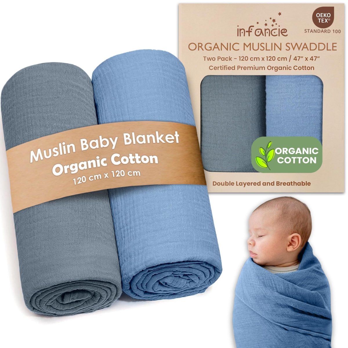 Organic Cotton Muslin Baby Swaddle Blanket - Hypoallergenic - LittleTreasures