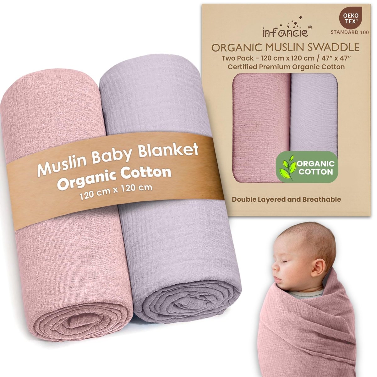 Organic Cotton Muslin Baby Swaddle Blanket - Hypoallergenic - LittleTreasures