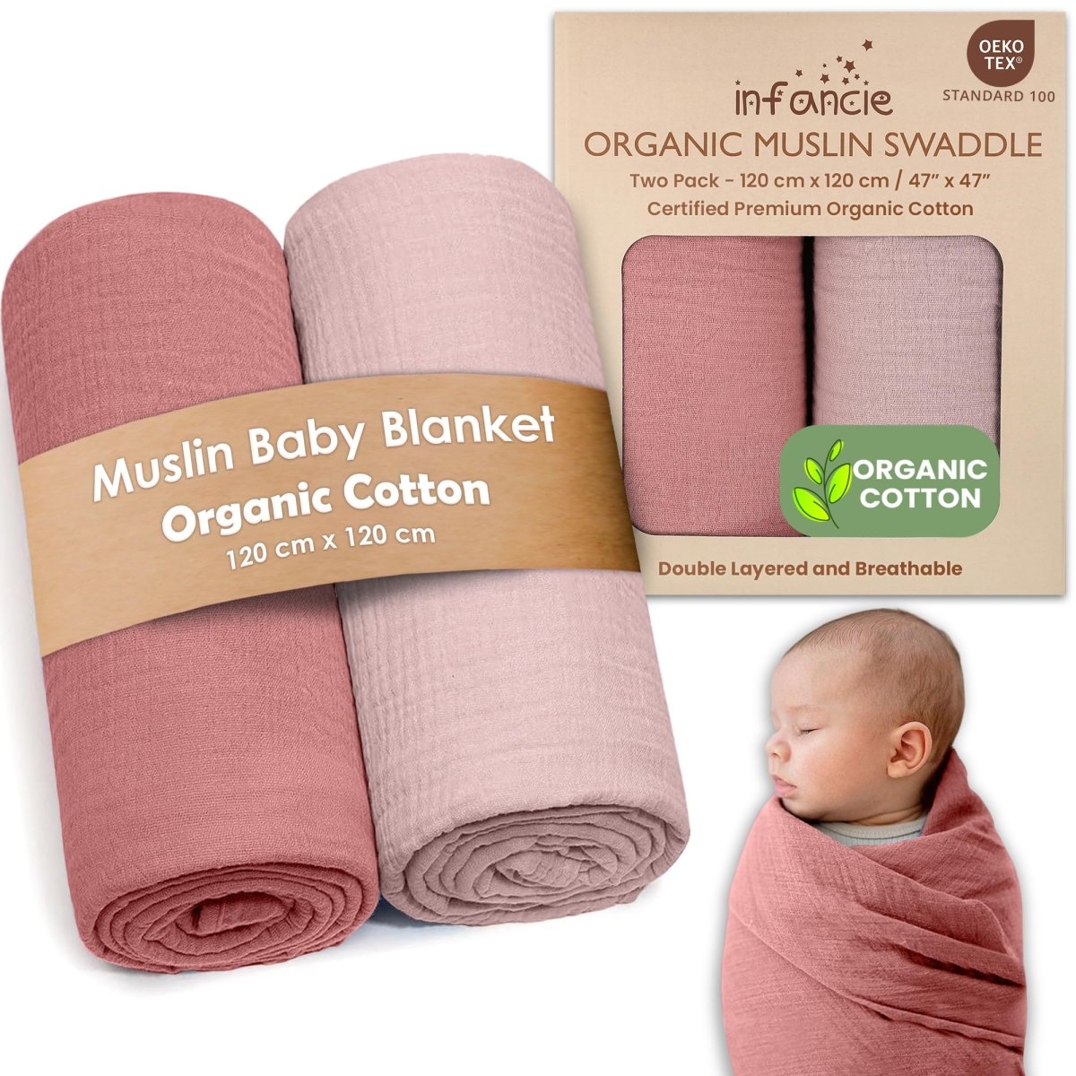 Organic Cotton Muslin Baby Swaddle Blanket - Hypoallergenic - LittleTreasures