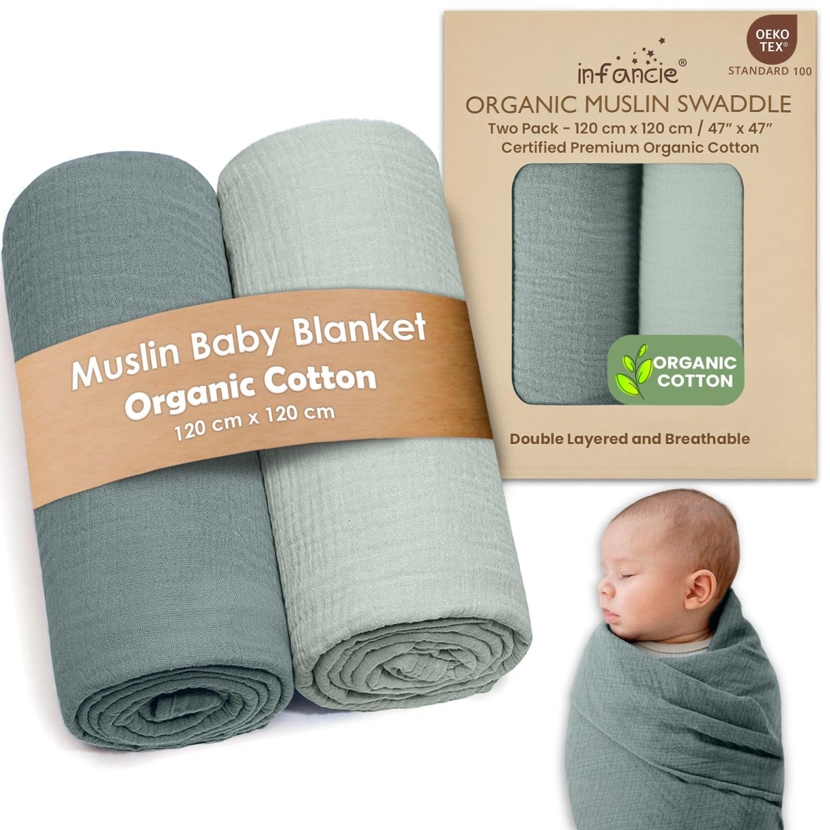 Organic Cotton Muslin Baby Swaddle Blanket - Hypoallergenic - LittleTreasures