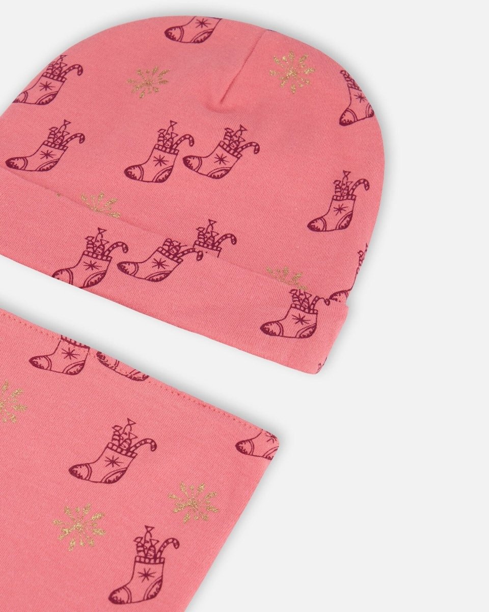 Organic Cotton Printed Christmas Stocking Hat And Bib Set Pink - LittleTreasures
