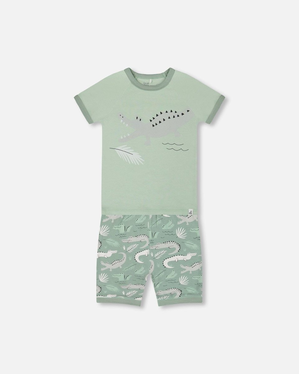 Organic Cotton Two - Piece Short Pajama Set Light Sage And Gray Crocodile - LittleTreasures