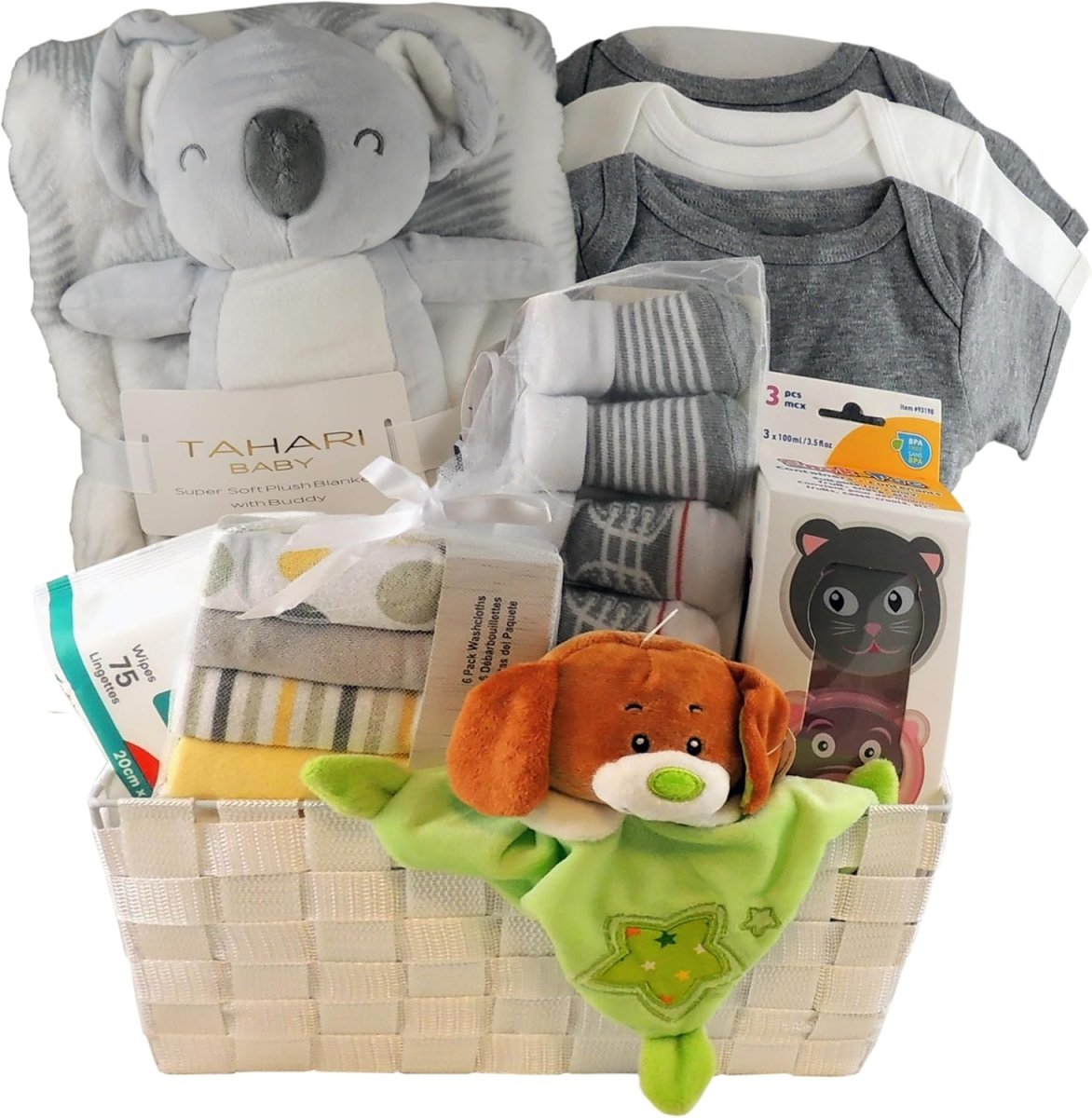 Ornella's Baskets Unisex Baby Gift Basket; Tahari Blanket Set, 3 Onesie and more - LittleTreasures