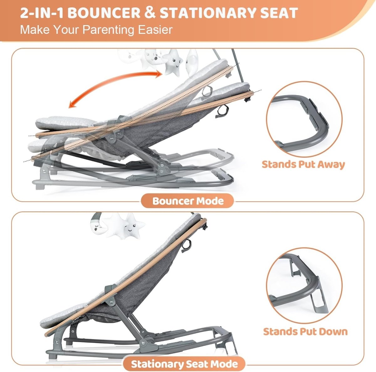 Orzbow 2 - in - 1 Baby Bouncer, Portable Bouncer Seat for Infant to Toddler with Removable Cushion, Angle Adjustable, 0 - 9 Months Up to 21lbs, Ergonomic Design, Classic Gray - LittleTreasures