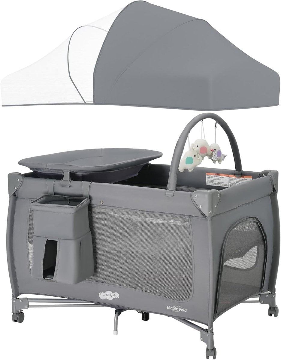 Pamo Babe Pack and Play 1 - Second Setup 4 - in - 1 Portable Crib for Baby with Bassinet, Mosquito Net, Changing Table & Toy Arch - LittleTreasures