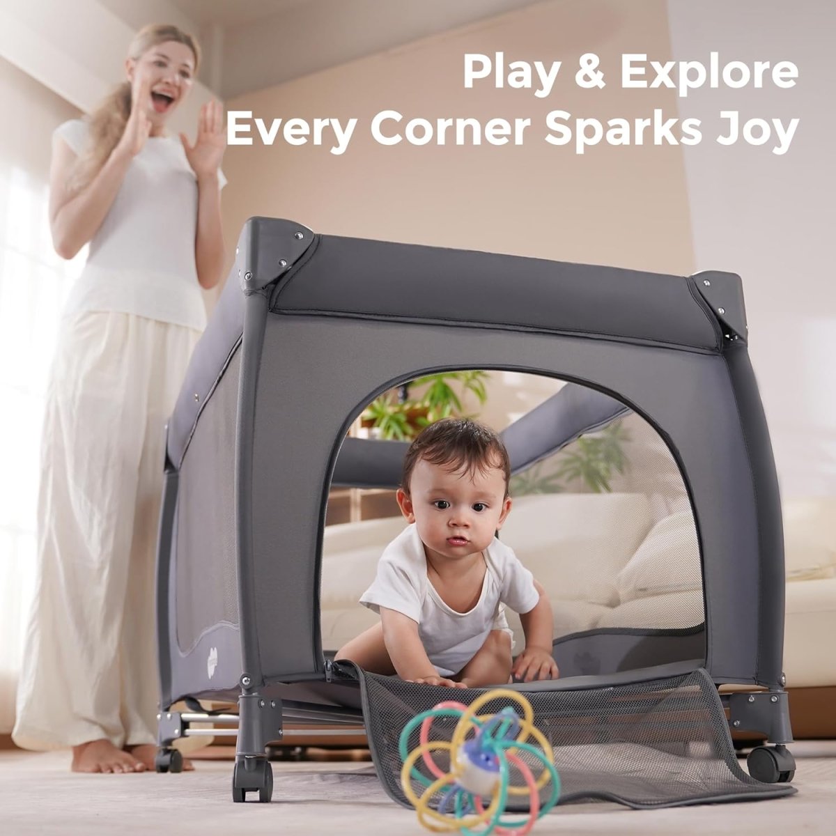 Pamo Babe Pack and Play 1 - Second Setup 4 - in - 1 Portable Crib for Baby with Bassinet, Mosquito Net, Changing Table & Toy Arch - LittleTreasures