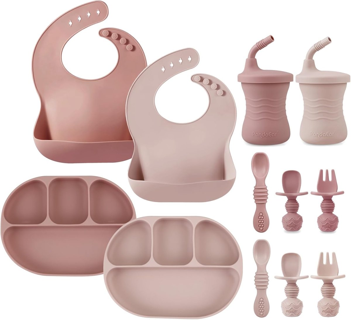 PandaEar 12 - Piece Silicone Feeding Set | 2 Divided Suction Plates, 2 Bibs, 2 Sippy Cups, 4 Spoons & 2 Forks for Toddler Self - Feeding - LittleTreasures