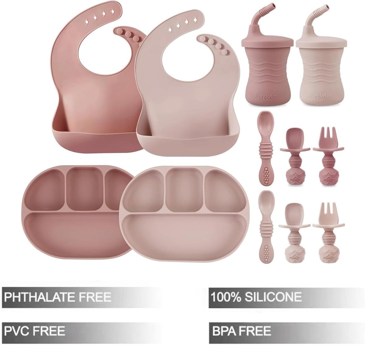 PandaEar 12 - Piece Silicone Feeding Set | 2 Divided Suction Plates, 2 Bibs, 2 Sippy Cups, 4 Spoons & 2 Forks for Toddler Self - Feeding - LittleTreasures