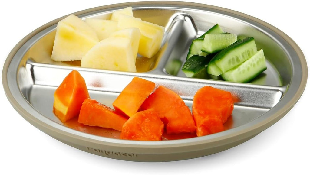 PandaEar 2 Pack Stainless Steel Baby Suction Plates & 2 Pack Spoons and Forks Set, Toddler Utensils Baby Feeding Set, Divided Plates for Led Weaning Supplies, BPA - Free (Tan/Walnut) - LittleTreasures