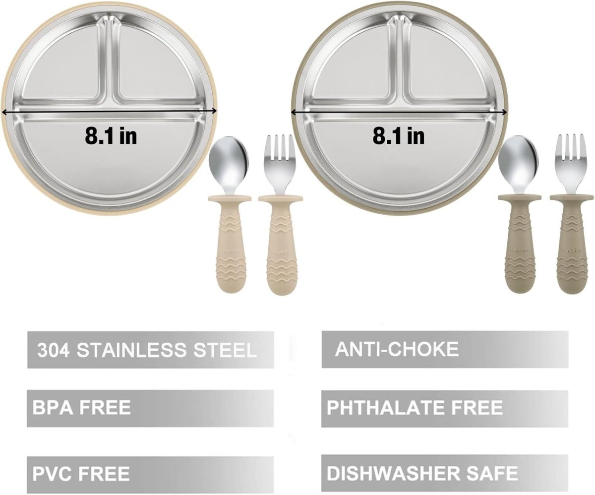 PandaEar 2 Pack Stainless Steel Baby Suction Plates & 2 Pack Spoons and Forks Set, Toddler Utensils Baby Feeding Set, Divided Plates for Led Weaning Supplies, BPA - Free (Tan/Walnut) - LittleTreasures