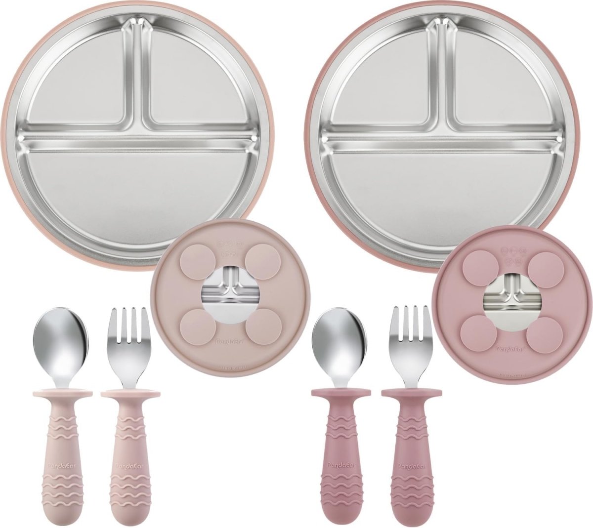 PandaEar 2 Pack Stainless Steel Baby Suction Plates & 2 Pack Spoons and Forks Set, Toddler Utensils Baby Feeding Set, Divided Plates for Led Weaning Supplies, BPA - Free (Tan/Walnut) - LittleTreasures