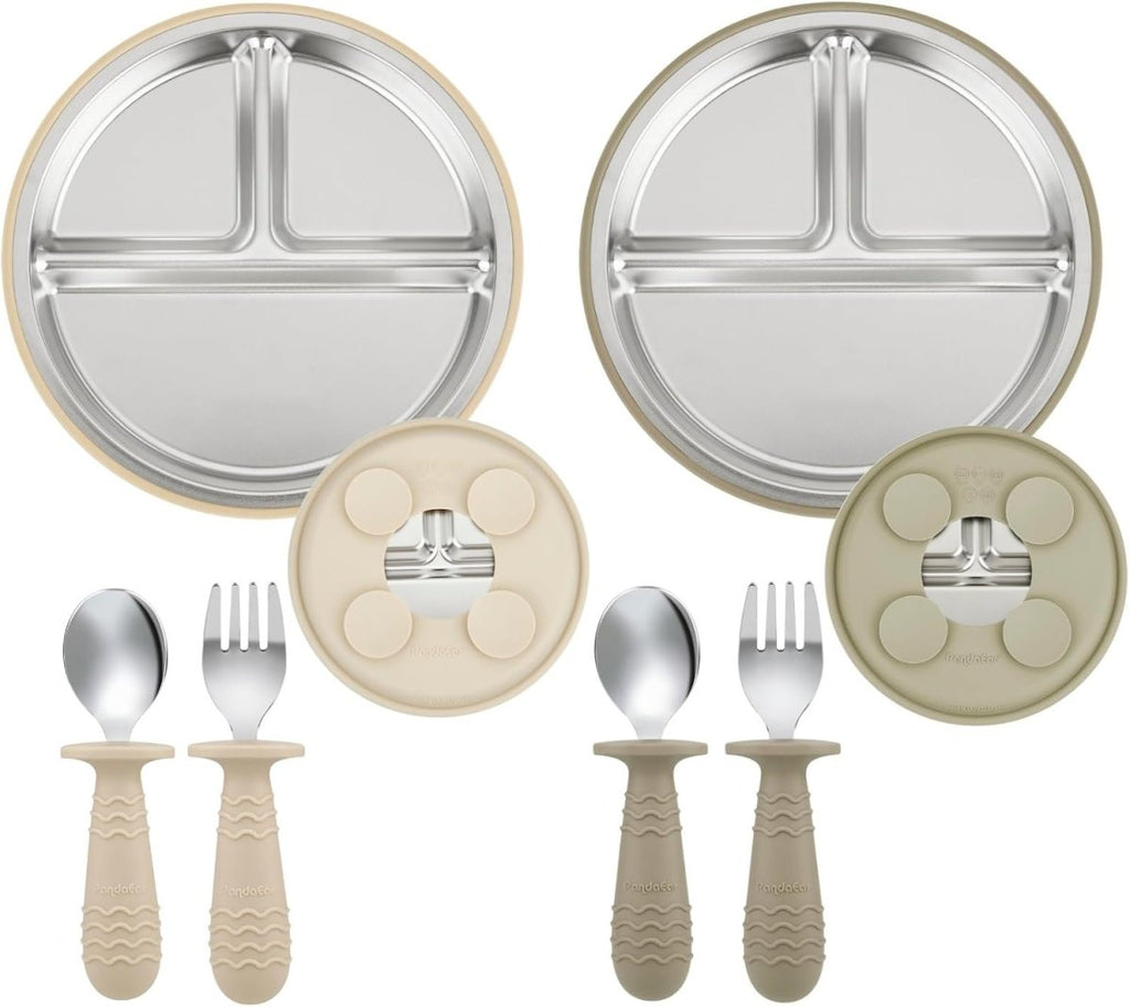 PandaEar 2 Pack Stainless Steel Baby Suction Plates & 2 Pack Spoons and Forks Set, Toddler Utensils Baby Feeding Set, Divided Plates for Led Weaning Supplies, BPA - Free (Tan/Walnut) - LittleTreasures