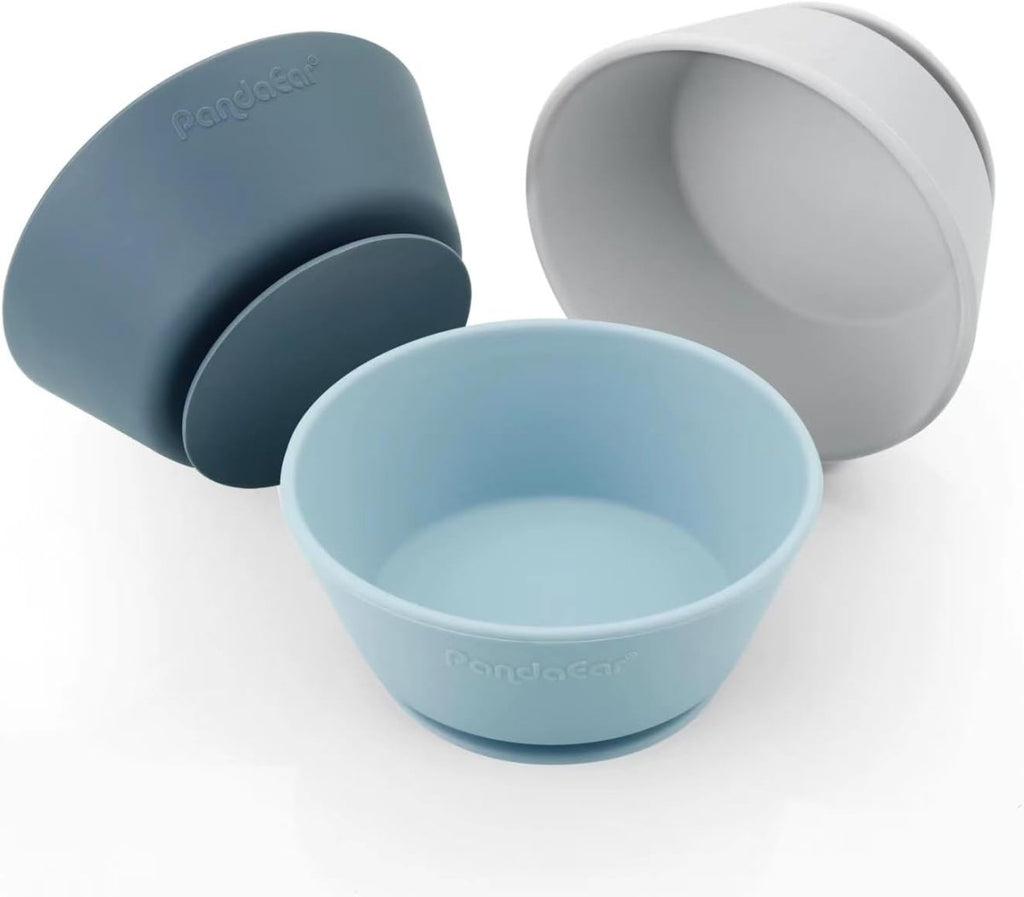 PandaEar 3 Pack Baby Bowls with Suction| Silicone Bowls First Stage Feeding for Baby Infant Kids| Food Grade Soft Safe BPA - Free Suction Bowls for Toddlers - Blue/Gray - LittleTreasures